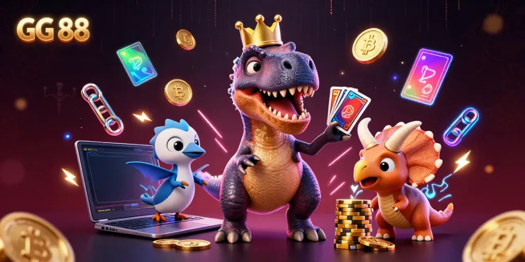 Experience games at GG 88 with a fun T-Rex and friends enjoying gambling fun in a vibrant casino.