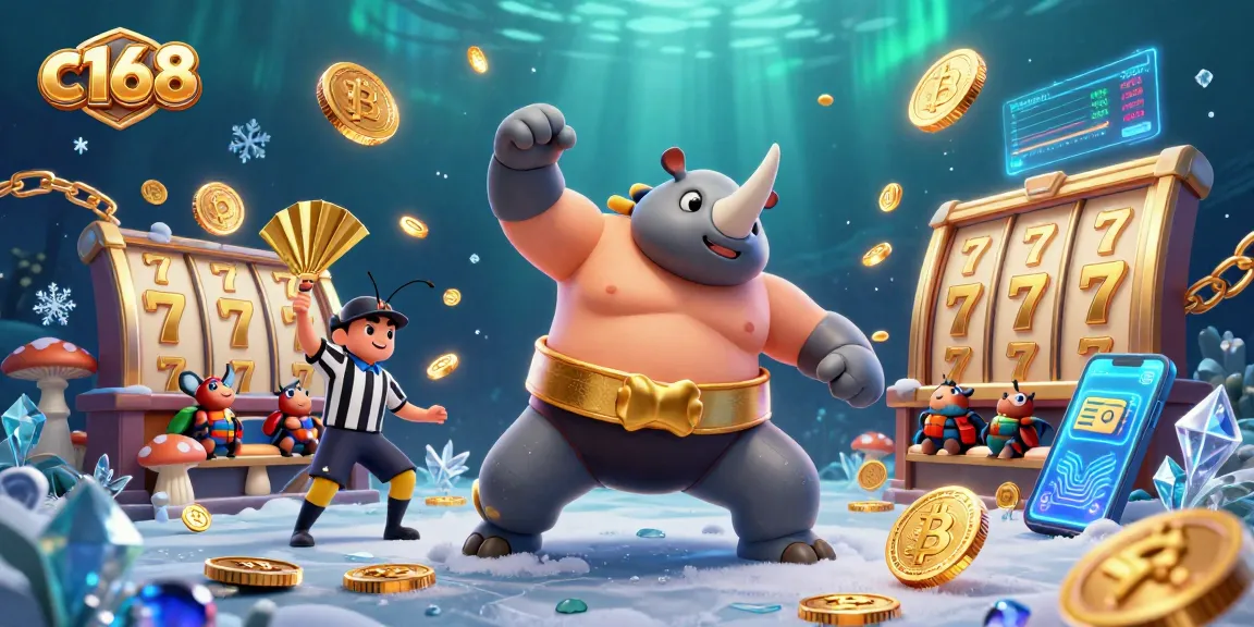 Experience thrilling gameplay with c168 featuring a powerful rhinoceros beetle champion amidst dynamic slot reels and crypto coins.