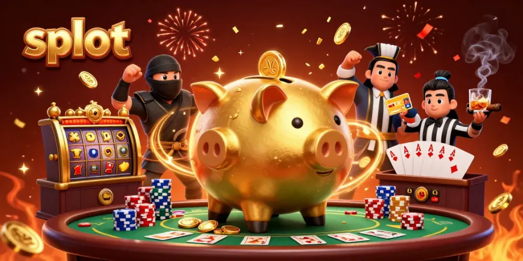 Spin and win at the slot games with a golden piggy bank sumo wrestler and vibrant casino elements.