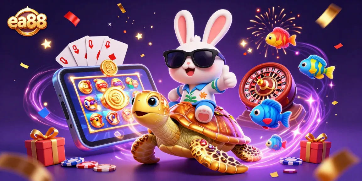 Spin vibrant slots with the lucky rabbit and golden sea turtle in this enchanting ea88 3D illustration.