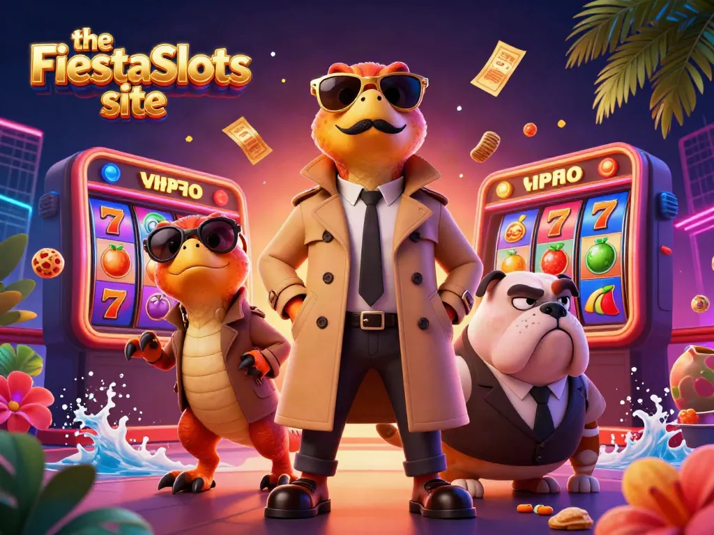 The FiestaSlots site showcases cartoon raptors attempting VIP entry at a slot casino, surrounded by vibrant gaming elements.