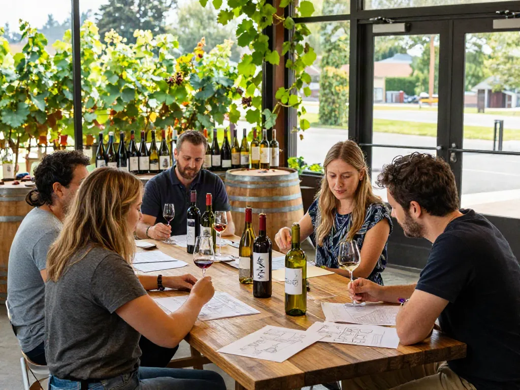 A collaborative moment at avpwinecollective.com featuring diverse winemakers sharing creative designs for wine bottles in a rustic winery setting.