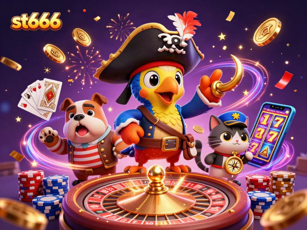 Spin to win at st666 with a colorful scene of casino elements and playful characters!