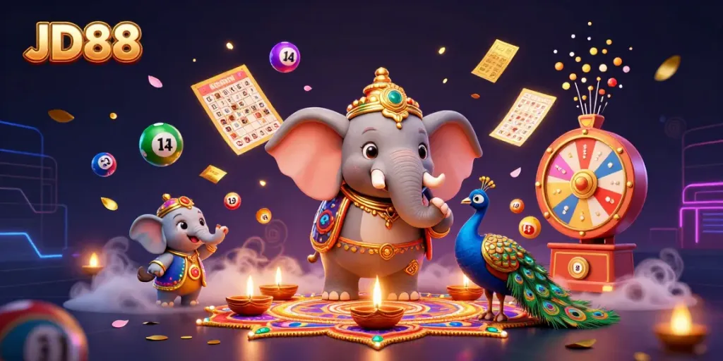 Engage in vibrant gameplay at JD88 featuring festive elements and dynamic casino symbols.
