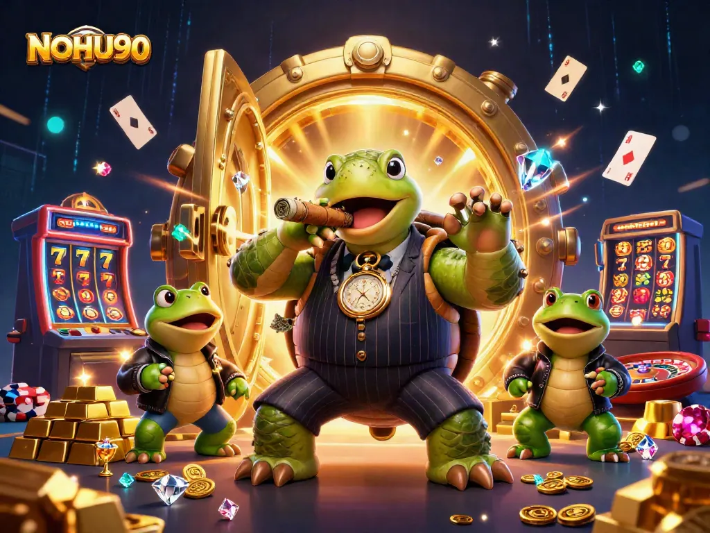 Experience thrilling gameplay at NOHU90 with a dynamic casino scene featuring slot games and vibrant characters.