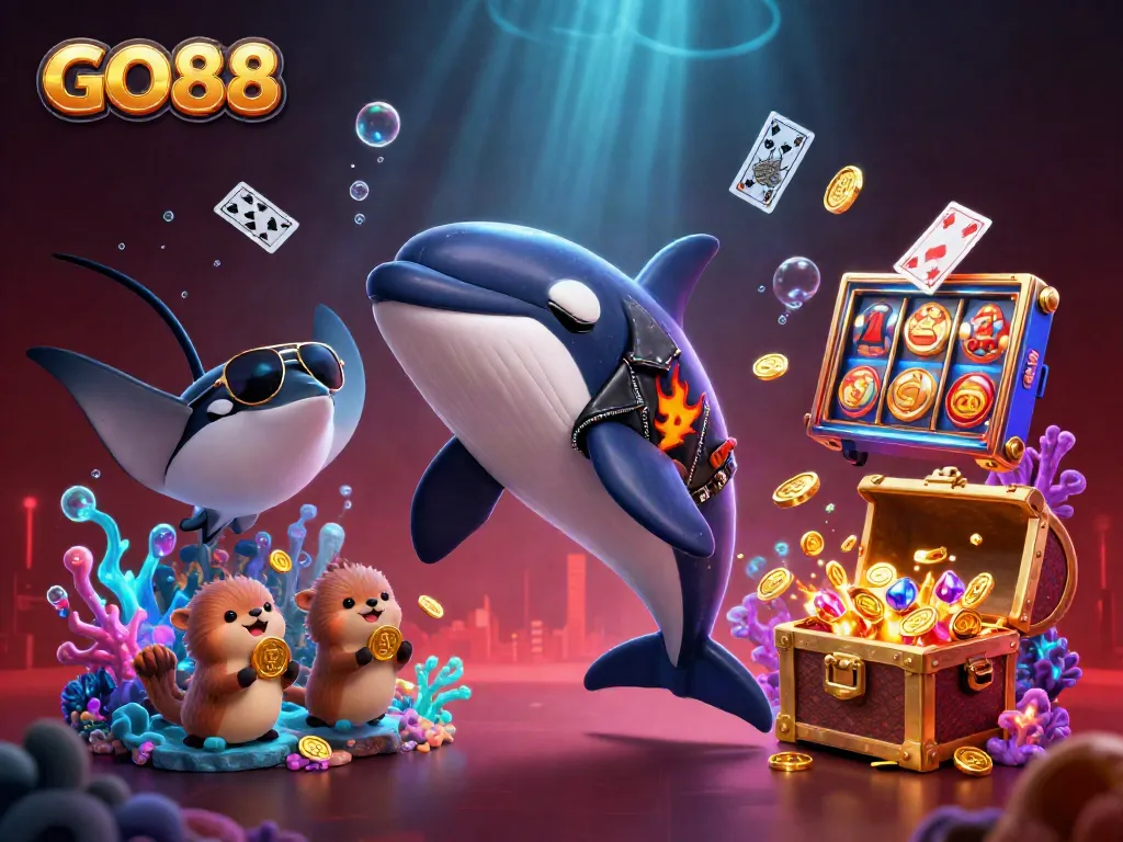 Join the GO88 winning adventure with this vibrant underwater casino illustration featuring exciting games.