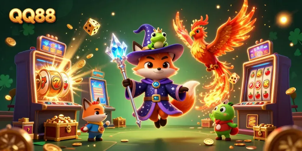 Experience QQ88's magical casino world with a wizard fox, a phoenix, and exciting game elements.