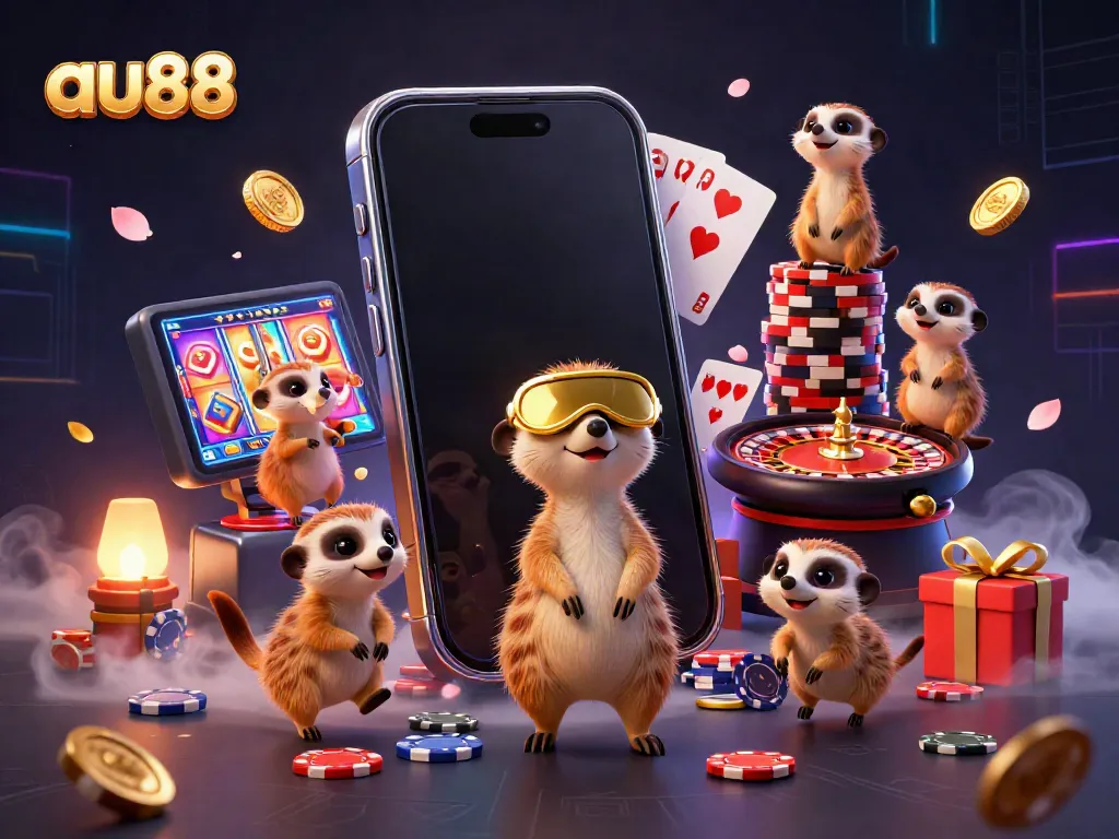 Experience the exciting world of au88 casino with cartoon meerkats managing games and sneaking chips.