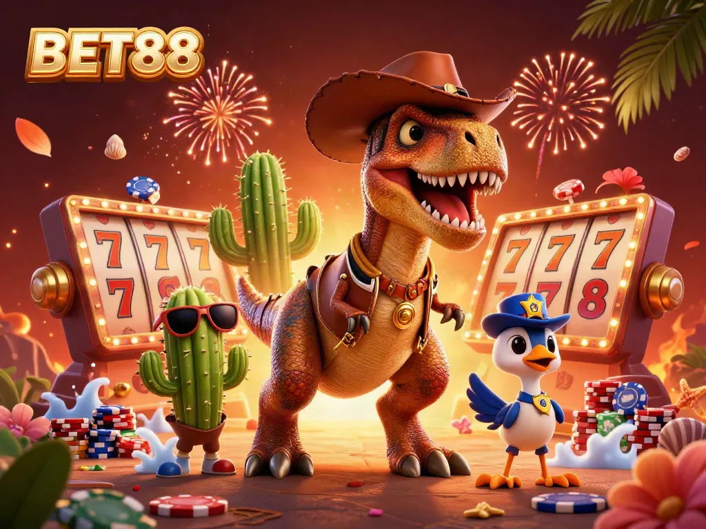 Experience thrilling slots action with BET88's vibrant 3D characters and dynamic casino elements.