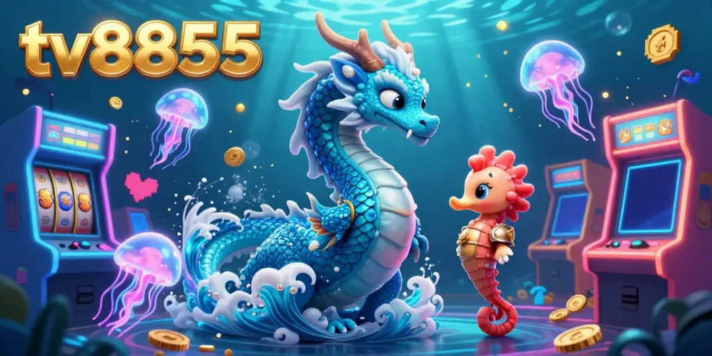 Experience thrilling slots with tv8855 in an engaging underwater casino scene filled with vibrant characters and games.