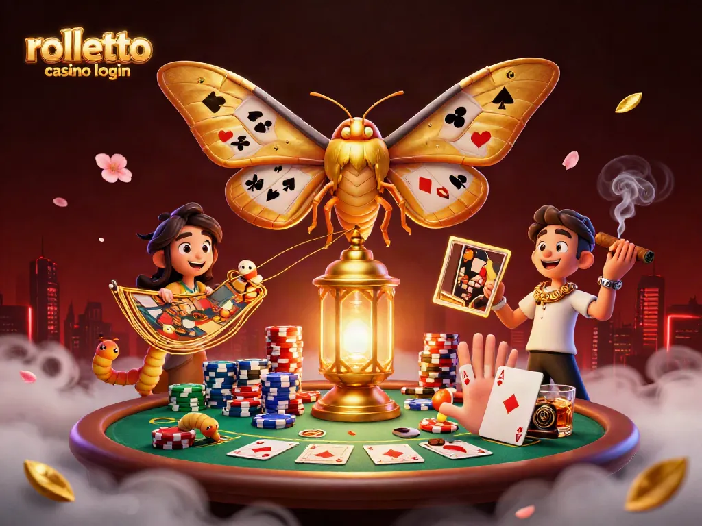 Experience the thrill of rolletto casino login with vibrant casino game elements and a mystical moth.