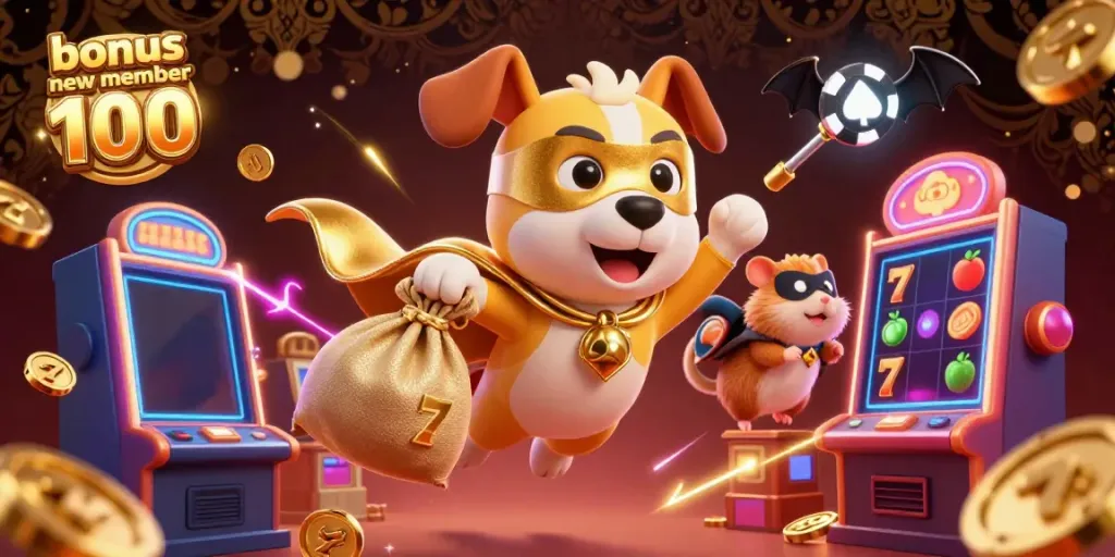 Engage with the bonus new member 100 as a superhero dog and hamster collect gold coins in a lively casino setting.