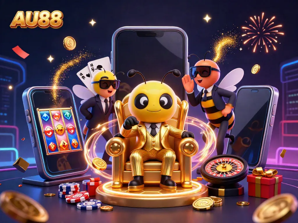 Experience AU88's vibrant gaming scene with a bumblebee boss and dynamic casino elements.