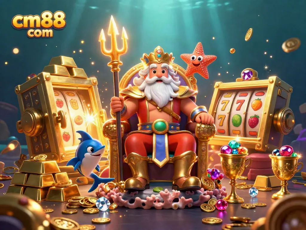 Engage in gambling opportunities at cm88 com in a vibrant underwater casino scene featuring Neptune.