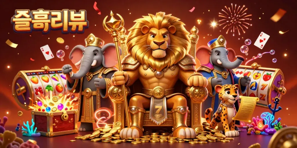 Experience the thrilling 슬롯리뷰 scene with a lion king, an elephant advisor, and a cheetah messenger, celebrating casino slots.