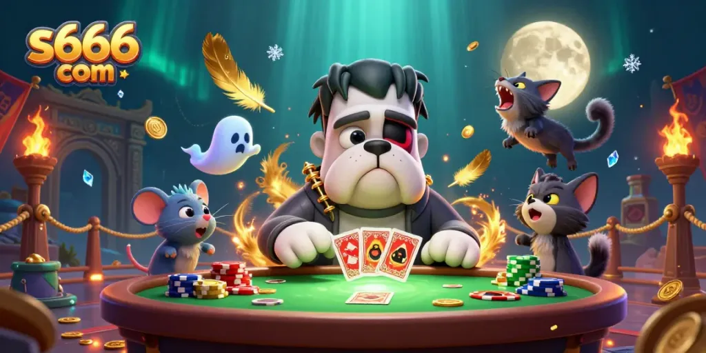 Experience thrilling plays at s666 com with a unique 3D illustration of a Frankenstein bulldog dealing cards.