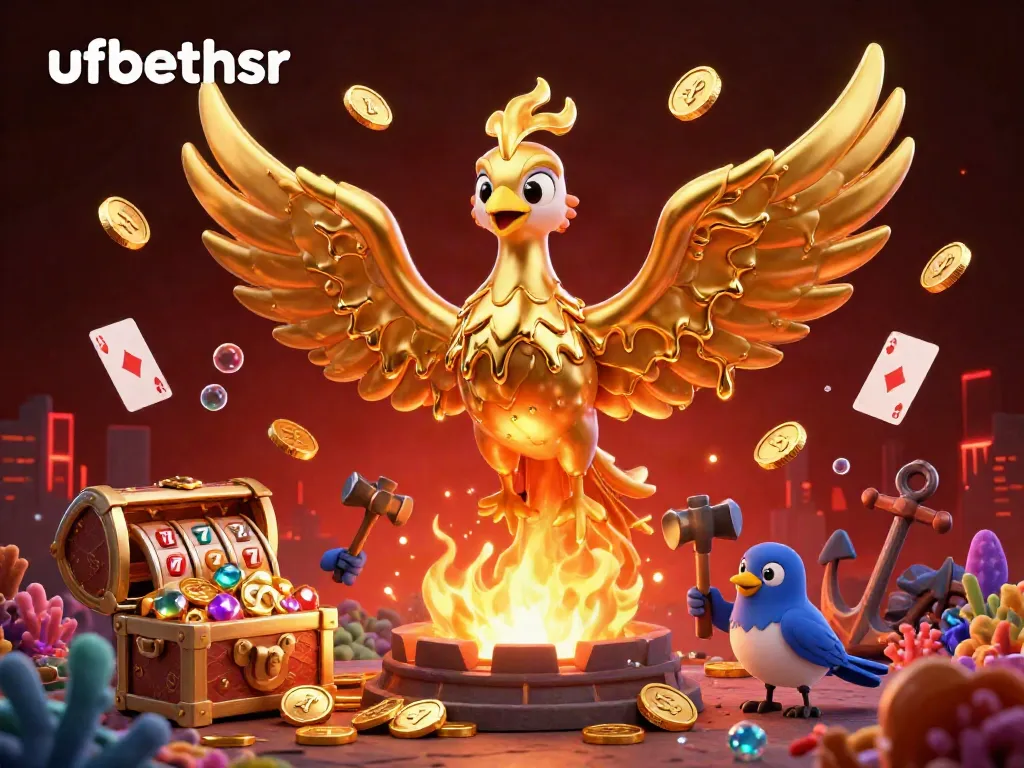 Experience the magical world of ufabethsr with a golden phoenix and coins symbolizing casino excitement.