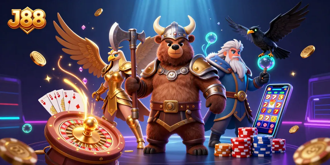 Experience thrilling gaming at J88 with a dynamic 3D casino illustration featuring vibrant characters and action.