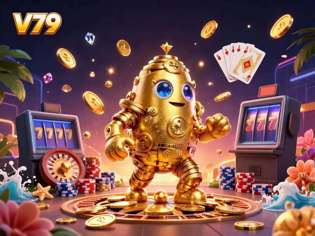 Experience the excitement of V79 casino with a dynamic 3D golem of golden coins and vibrant gaming elements.