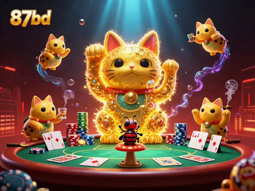 Experience the excitement of 87bd with vibrant gameplay featuring a lucky cat and casino symbols.