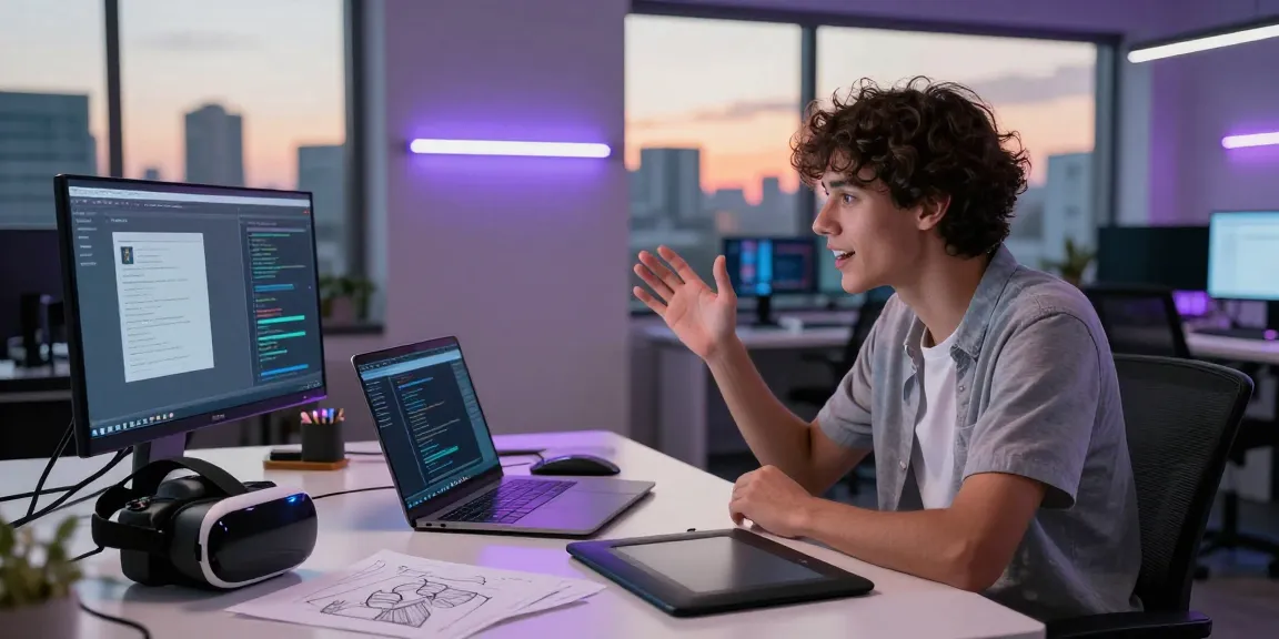 Engaging in hot chat AI discussions in a modern tech workspace with innovative gadgets around.