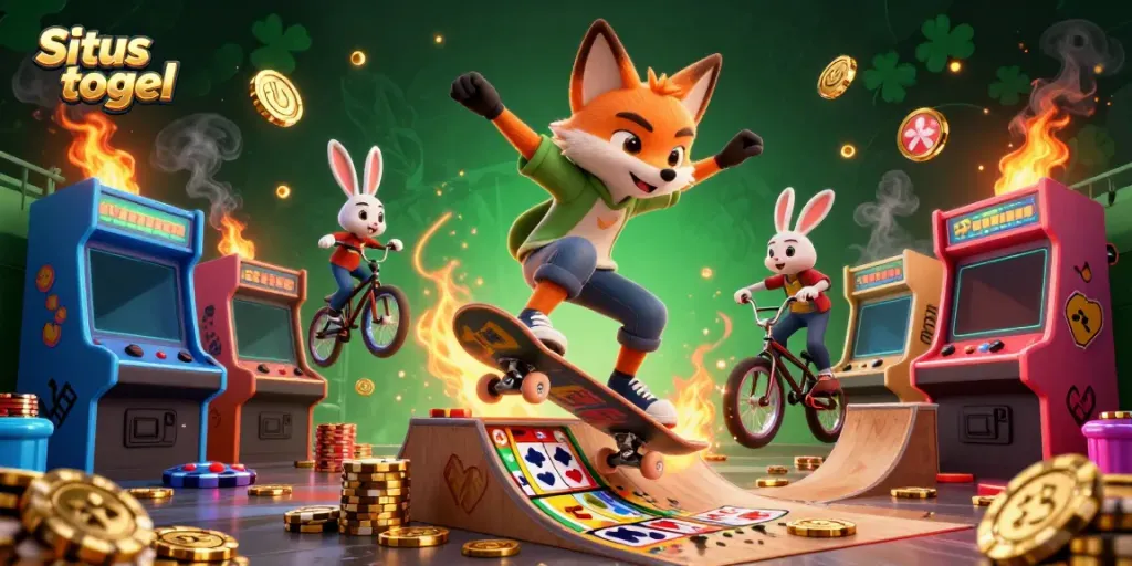 Situs togel promotion showcasing a colorful scene of a fox and rabbit in a casino-themed digital illustration.