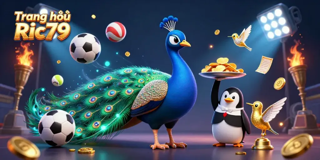 Experience thrilling sports action with Trang chủ Ric79, featuring a lavish peacock and golden betting chips.