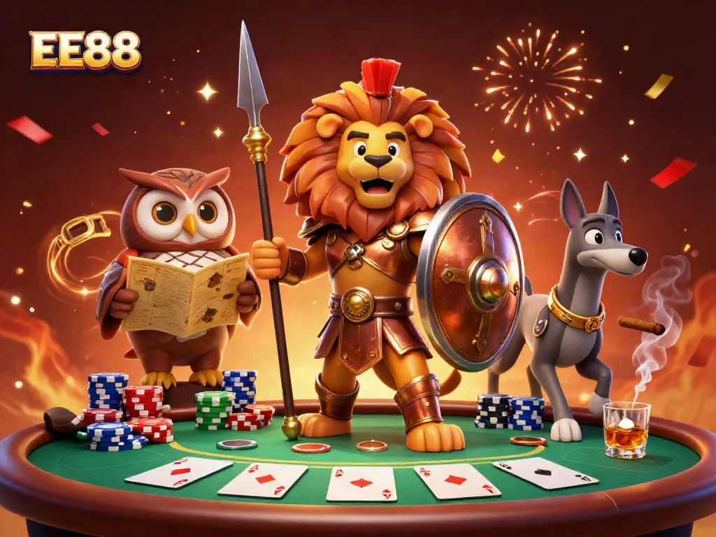 Engage in thrilling poker action with EE88's dynamic characters and vibrant casino atmosphere.
