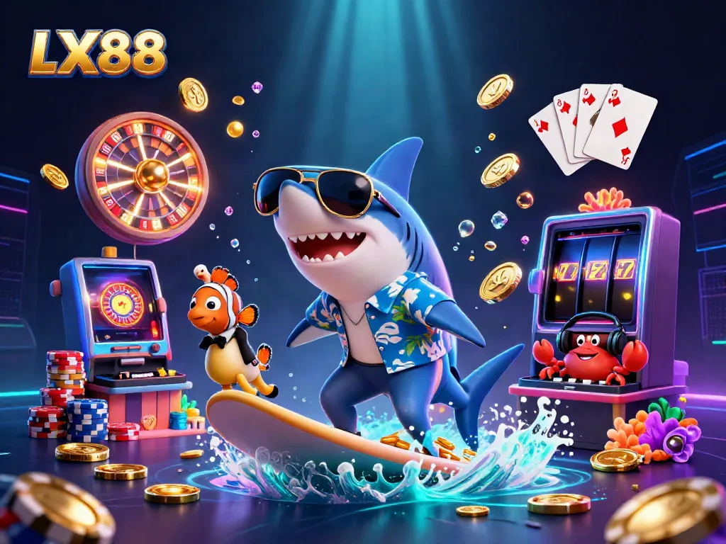Experience LX88’s exciting gaming with a dazzling underwater scene featuring vibrant marine characters and casino elements.