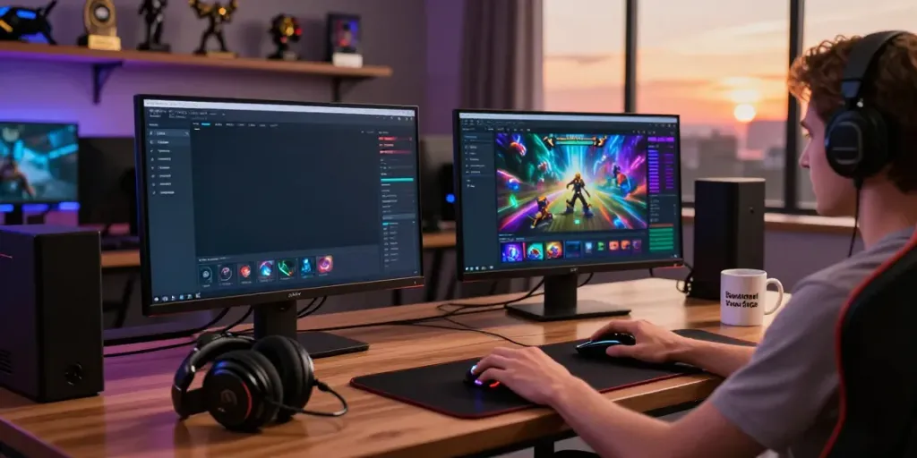 Dewatogel Link Alternatif showcased through a modern gaming setup featuring vibrant graphics and ambient lighting.