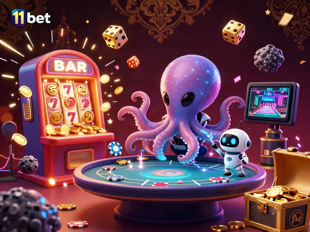 Engage with thrilling 11 bet casino games featuring an alien octopus and classic jackpot elements.