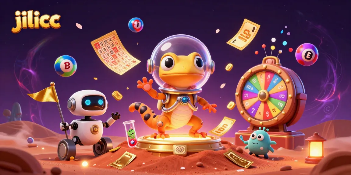 Experience the vibrant world of jilicc with a Martian gecko exploring a golden casino amidst dynamic gambling elements.