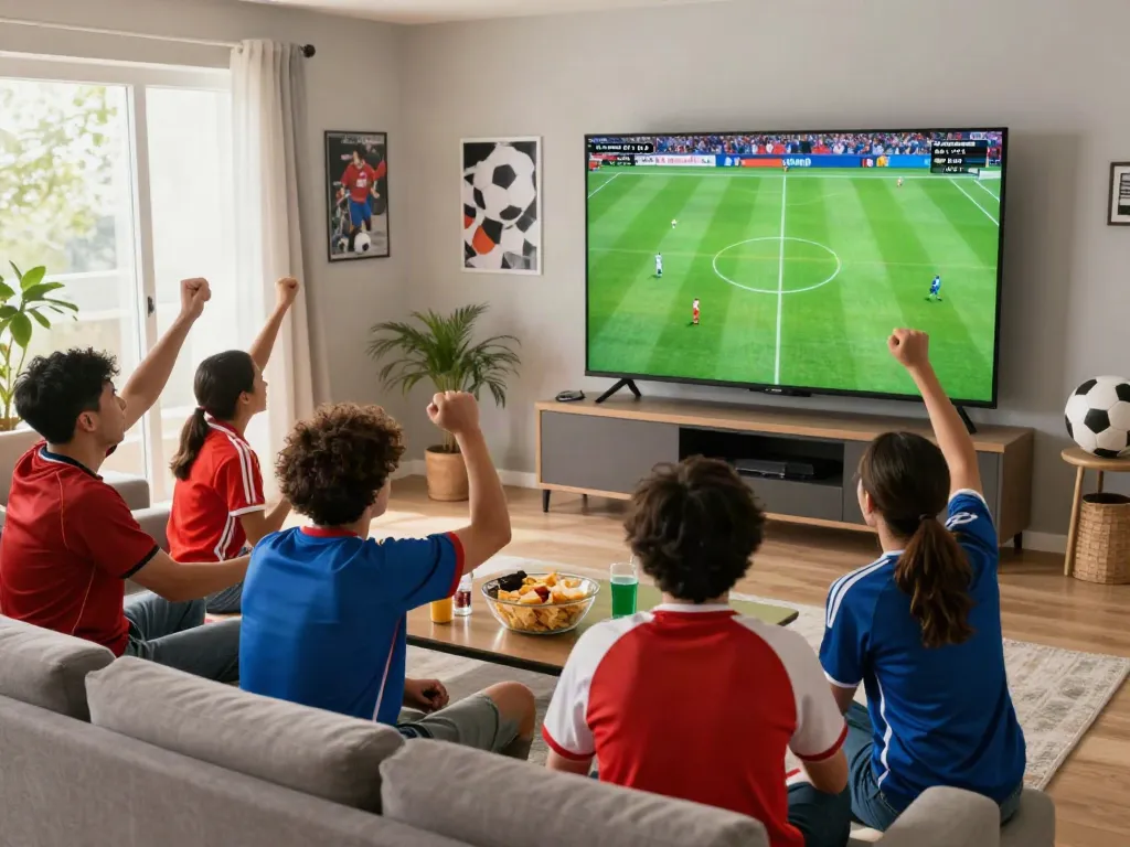 Excited fans enjoy a live football match at home, showcasing the engaging experience of xoilactv.