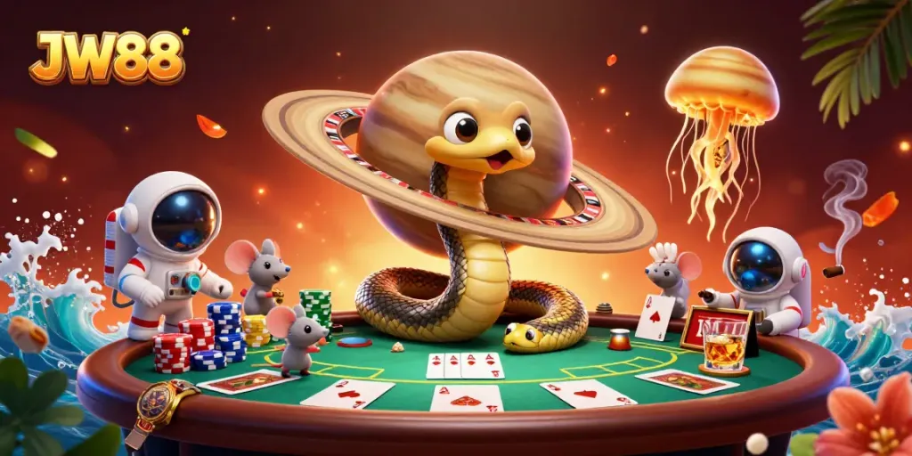 Engage in thrilling bets at JW88 with astronauts on a cosmic roulette wheel in an exciting 3D illustration.