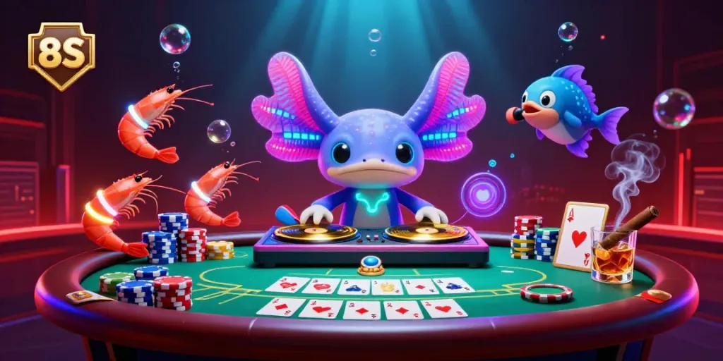Experience vibrant 8S casino gaming with an axolotl DJ and lively underwater scene.