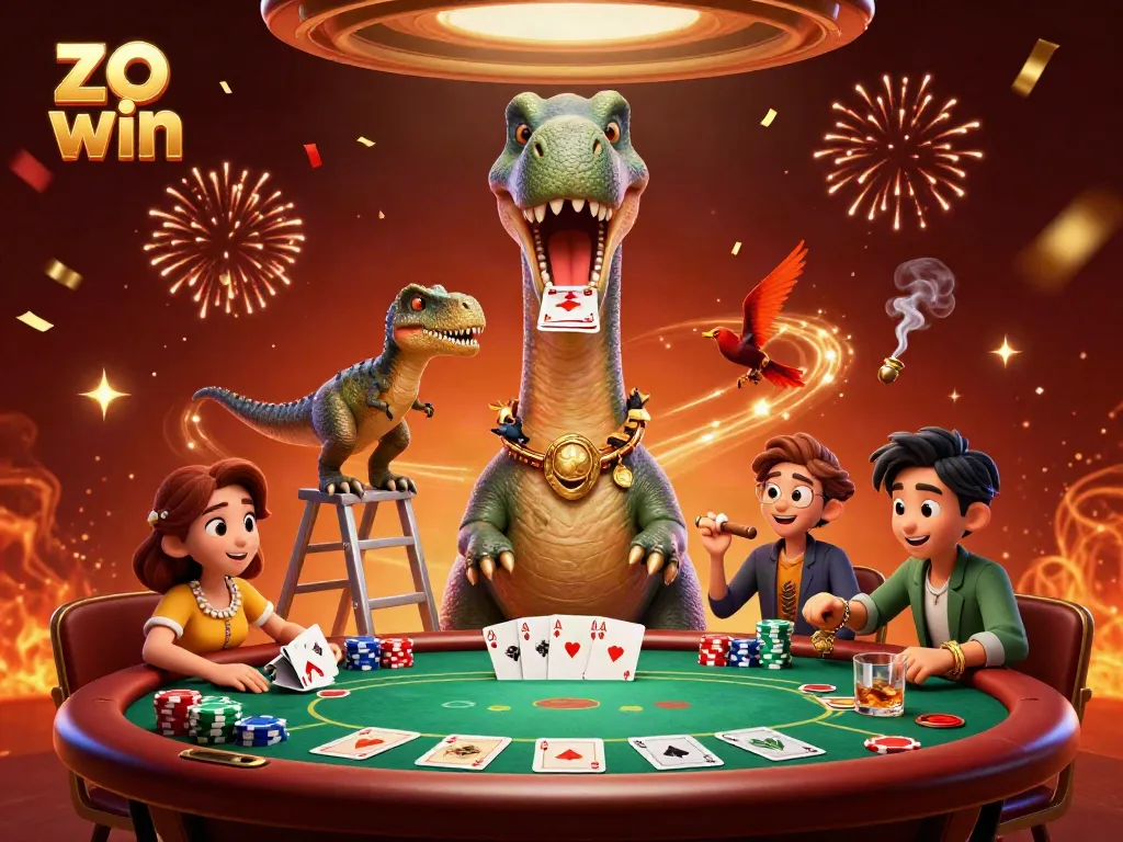 Experience the excitement of zo win with a vibrant casino illustration featuring a colossal brontosaurus and raptor dealer.