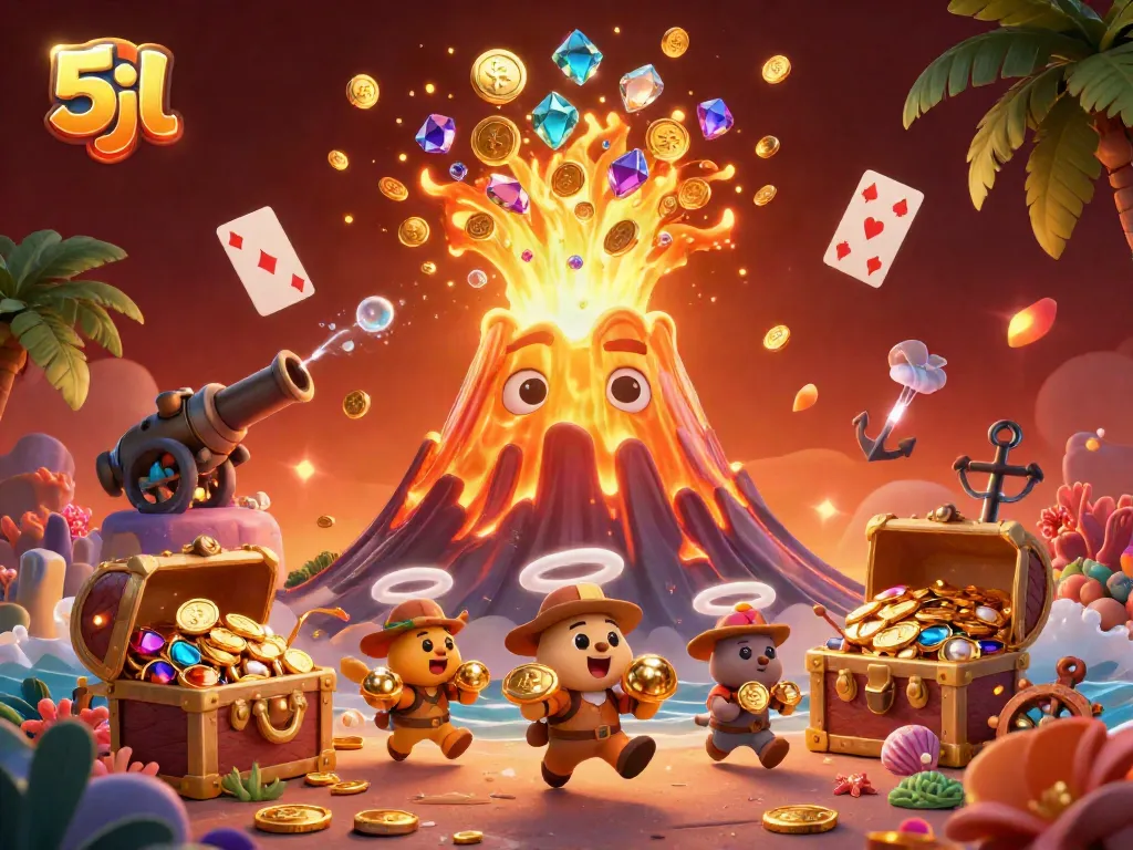 Experience the thrilling 5jl adventure with a golden volcano erupting coins, lively explorer animals, and vibrant treasures.
