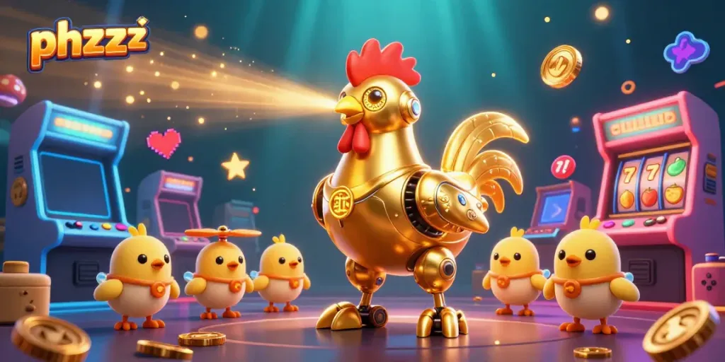 Experience thrilling gaming adventures with phzzz, featuring golden rooster robot and arcade games.