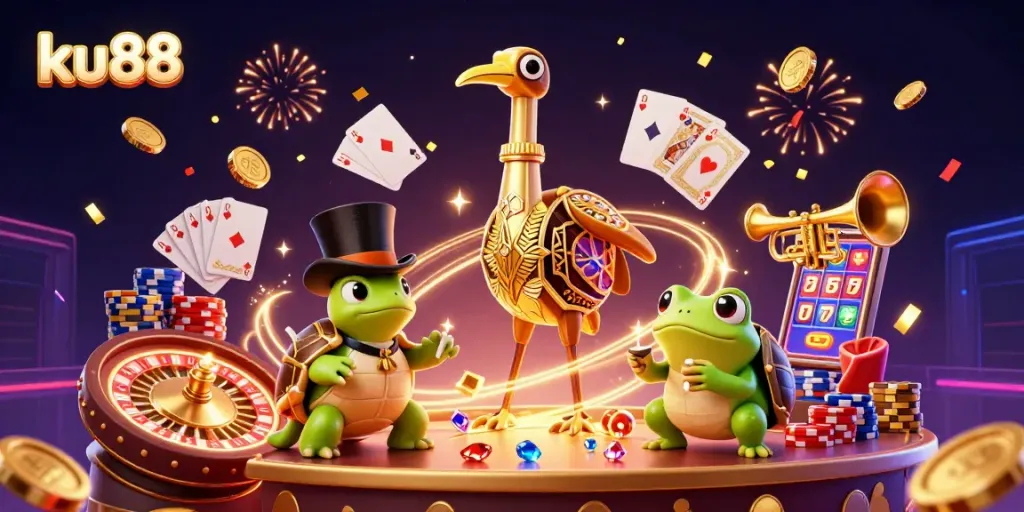 Enjoy thrilling casino action with ku88 in a vibrant digital illustration featuring playful casino characters.