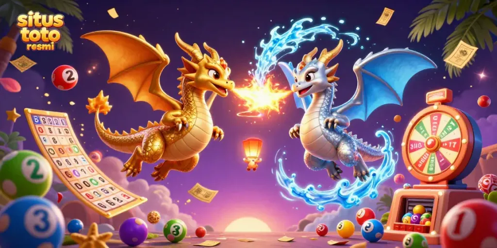 Engage with situs toto resmi through dynamic lottery elements and spirited dragons in a vibrant casino scene.