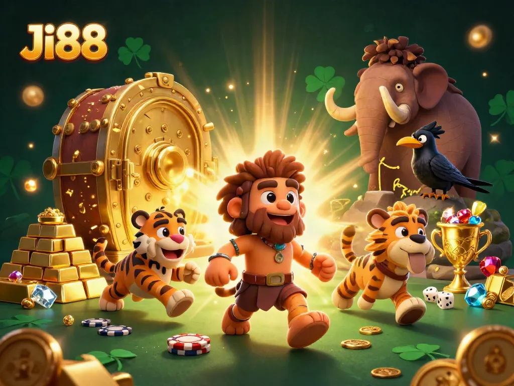 Experience thrilling gameplay at Ji88 within a dynamic prehistoric casino scene filled with treasures.