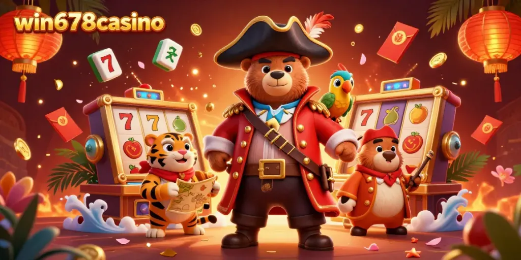 Join the excitement at win678casino with a vivid illustration of a pirate captain bear and companions celebrating wins.