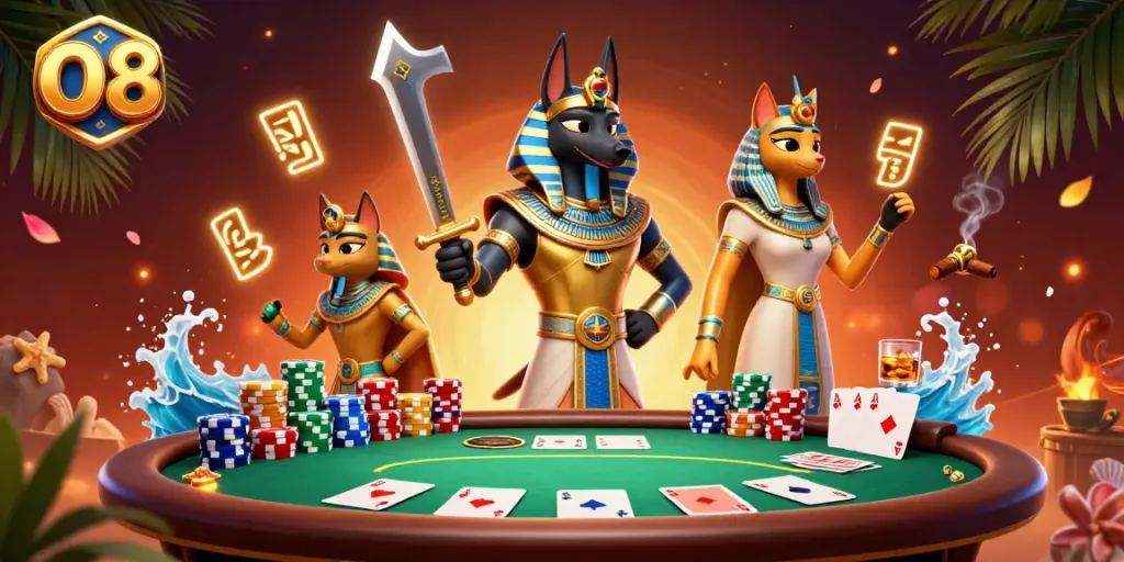 Engage in thrilling gameplay at O8, featuring Anubis and Bastet amidst vibrant poker elements.