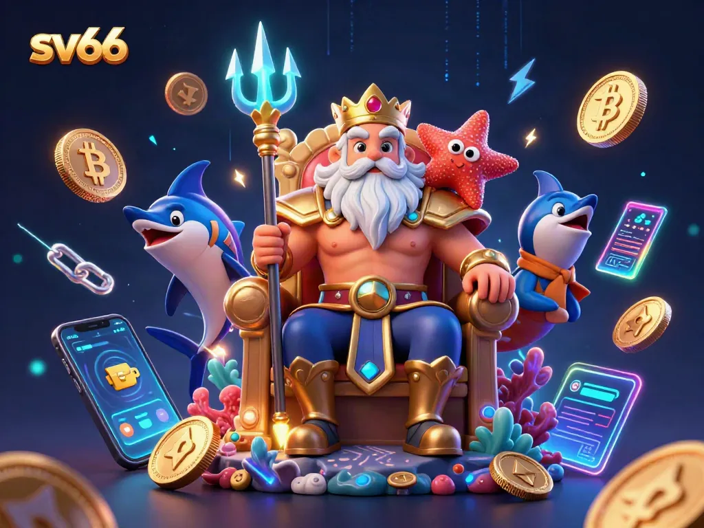 Engage with the vibrant sv66 casino scene featuring sea king Neptune amid blockchain and crypto elements.
