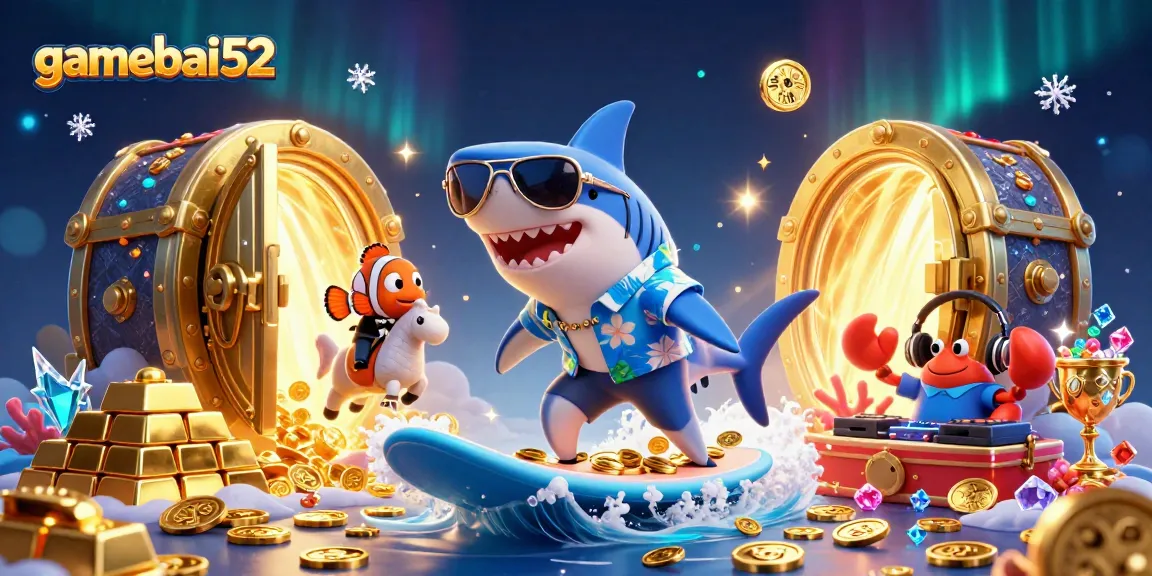 Experience thrilling gameplay at gamebai52 with a vibrant 3D gambling illustration of a shark surfing on gold coins.