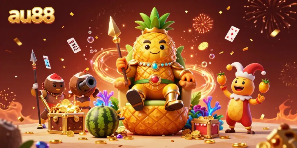 Experience the excitement of au88 with a vibrant casino scene featuring a golden pineapple king and dynamic game elements.