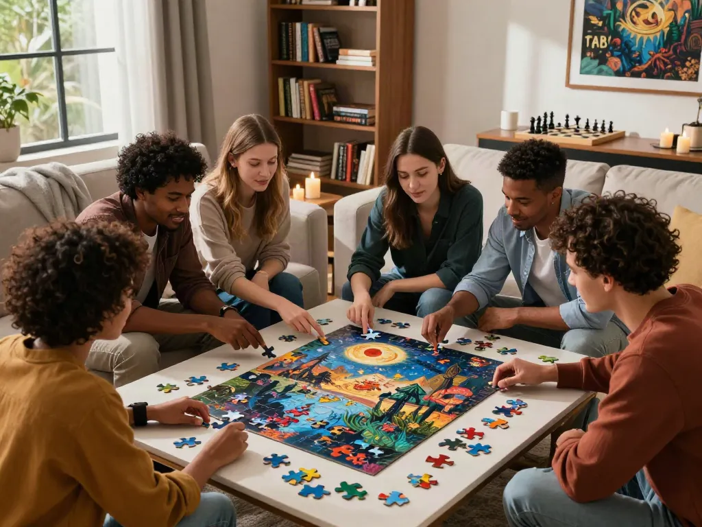 Group of friends enjoying a puzzle experience from puzzlenoir.net in a cozy living room.