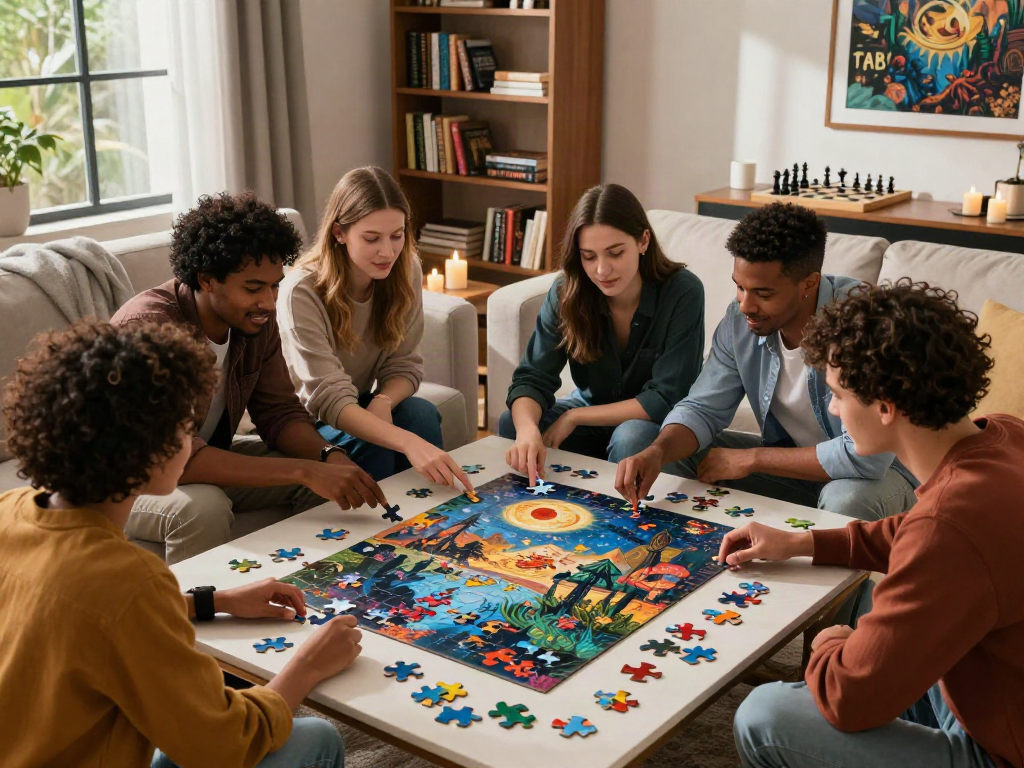 Group of friends enjoying a puzzle experience from puzzlenoir.net in a cozy living room.