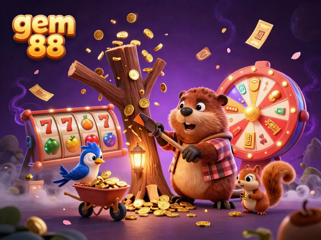 Experience gem 88 with a dynamic scene of a lumberjack beaver and vibrant casino elements amidst a money rain.
