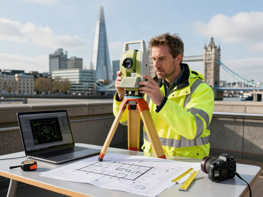 Measured Survey London scene with a surveyor using a total station amidst urban landmarks.
